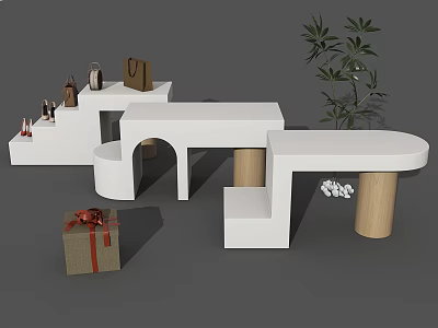 White Modern Display Shelves with Wooden Legs Gift Box and Green Plant Decor 3d model