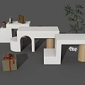 White Modern Display Shelves with Wooden Legs Gift Box and Green Plant Decor