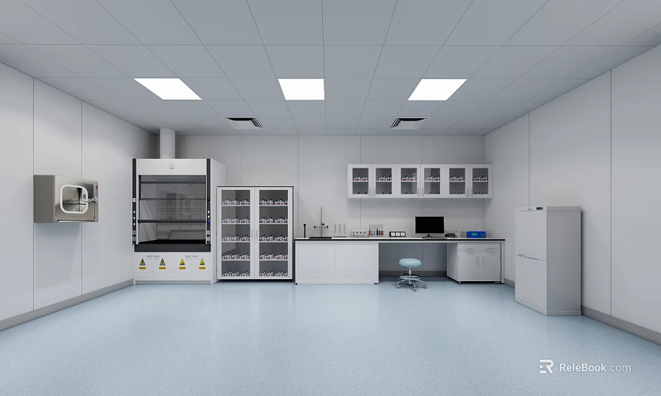 Modern Laboratory Interior With Fume Hood Glass Door Cabinets Lab Bench And Blue Flooring 3d model 