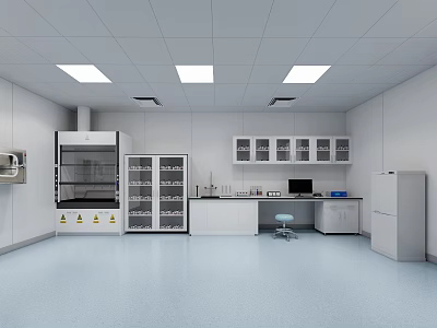Modern Laboratory Interior With Fume Hood Glass Door Cabinets Lab Bench And Blue Flooring 3d model
