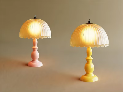 Two Table Lamps With Pink And Yellow Bases Pleated Edge Yellow Shades Modern Home Decor 3d model