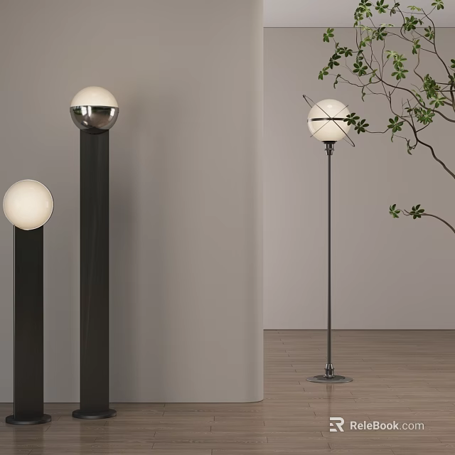 Modern Floor Lamps In Interior With White Spherical Lampshade Black Stand And Green Plant Branches 3d model 