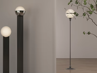 Modern Floor Lamps In Interior With White Spherical Lampshade Black Stand And Green Plant Branches 3d model