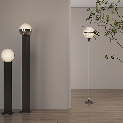 Modern Floor Lamps In Interior With White Spherical Lampshade Black Stand And Green Plant Branches 3d model