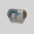 Modern Wooden Baby Crib With Curved Frame Vertical Rails And Blue Dotted Sheets