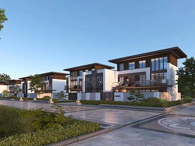 Modern Semi Detached Villa Exterior Design Featuring Courtyard Driveway And Lush Greenery 3d model