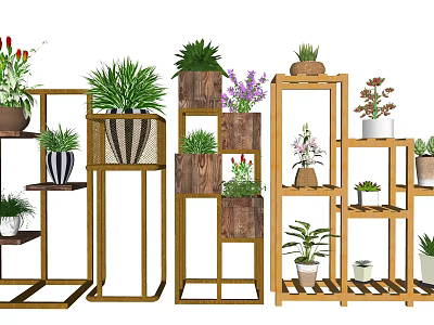 Multi Tiered Wooden Plant Stands With Various Potted Plants For Garden Decor 3d model