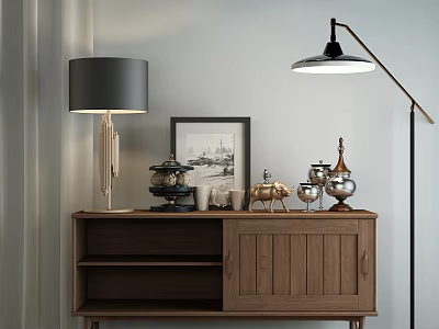 Modern Wooden Entryway Side Cabinet With Storage Shelves Decorative Pieces And Floor Lamp 3d model