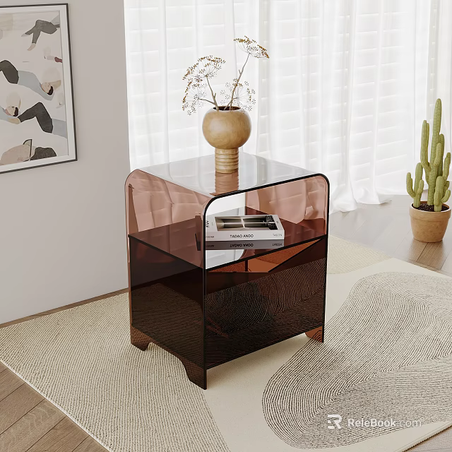Modern Transparent Acrylic Nightstand With Drawers Vase Dried Flowers And Cactus Plant 3d model 