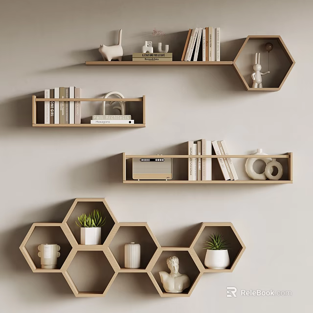 Wooden Wall Shelves With Hexagon And Rectangular Designs Books Decorative Figurines Small Plants And Radio 3d model 