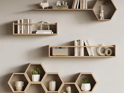Wooden Wall Shelves With Hexagon And Rectangular Designs Books Decorative Figurines Small Plants And Radio 3d model