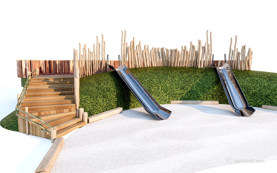 Playground Equipment with Wooden Stairs Slides Green Lawn and Wooden Fence 3d model 