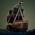 Wooden Ship with Striped Sails Hull Gold Accents and Anchor on Ocean Waves Under Sky