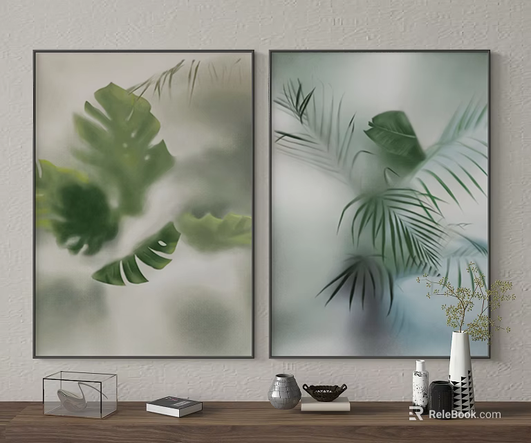 Decorative Framed Botanical Paintings With Green Monstera Palm Leaves Blurred Background 3d model 