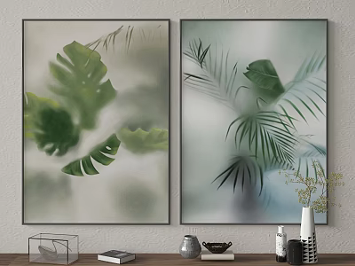 Decorative Framed Botanical Paintings With Green Monstera Palm Leaves Blurred Background 3d model