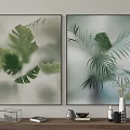 Decorative Framed Botanical Paintings With Green Monstera Palm Leaves Blurred Background