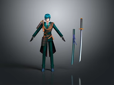 3D Character Model With Teal Hair Ornamental Outfit And Two Swords Sheathed Unsheathed 3d model