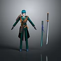 3D Character Model With Teal Hair Ornamental Outfit And Two Swords Sheathed Unsheathed