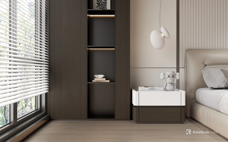 Modern Elegant Bedroom Interior Design With Bed Nightstand Pendant Lights And Window Blinds 3d model 