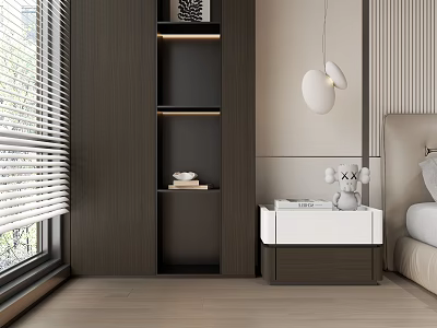 Modern Elegant Bedroom Interior Design With Bed Nightstand Pendant Lights And Window Blinds 3d model