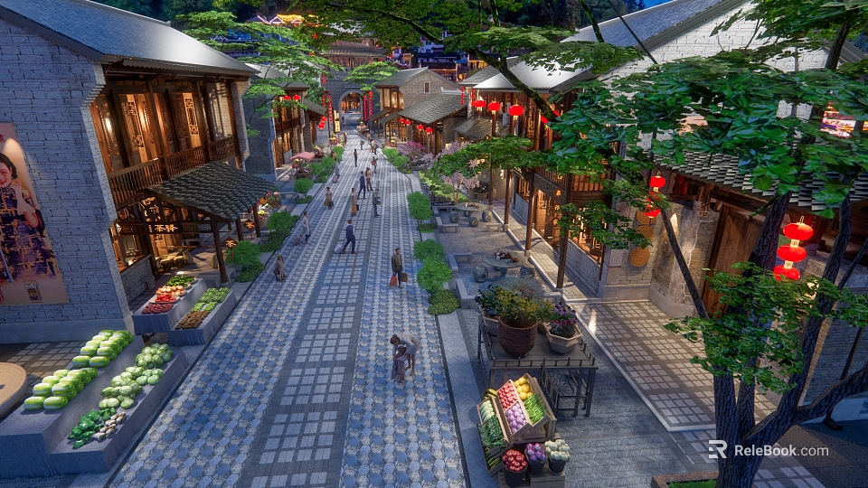 Bustling Traditional Commercial Street With Ancient Buildings Red Lanterns Stone Path And Pedestrians 3d model 