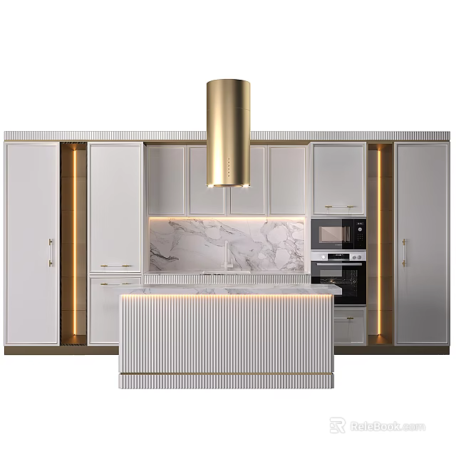 Modern Kitchen With White Cabinets Marble Countertop Gold Accents Island And Built in Appliances 3d model 