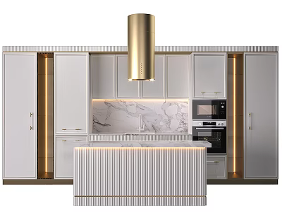 Modern Kitchen With White Cabinets Marble Countertop Gold Accents Island And Built in Appliances 3d model