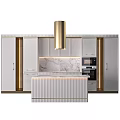 Modern Kitchen With White Cabinets Marble Countertop Gold Accents Island And Built in Appliances