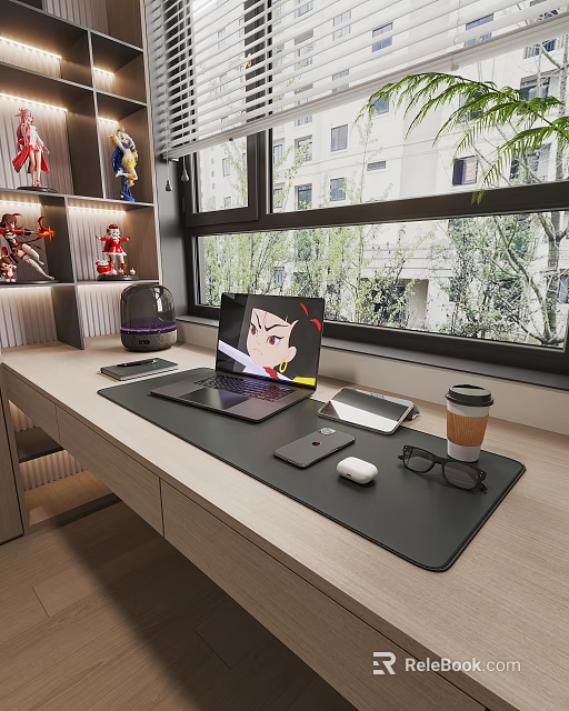 Modern Laptop Workspace Setup With Tablet Smartphone Coffee Cup And Eyeglasses On Desk By Window 3d model 