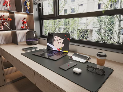 Modern Laptop Workspace Setup With Tablet Smartphone Coffee Cup And Eyeglasses On Desk By Window 3d model