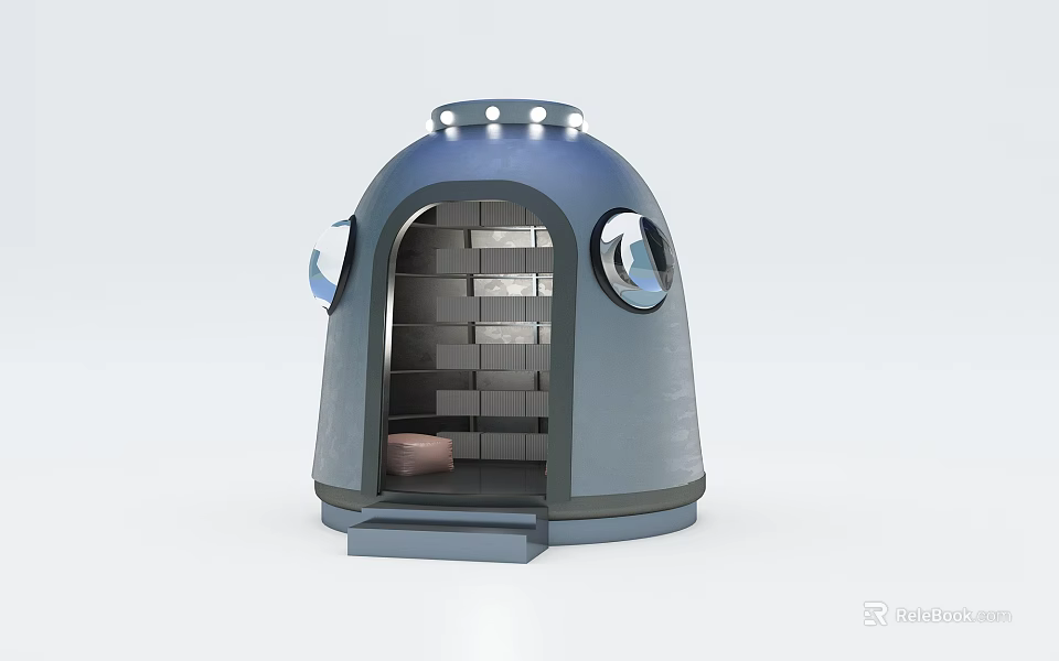 Dome Shaped Gray Structure With Top Lights Round Windows And Interior Shelves Seating 3d model