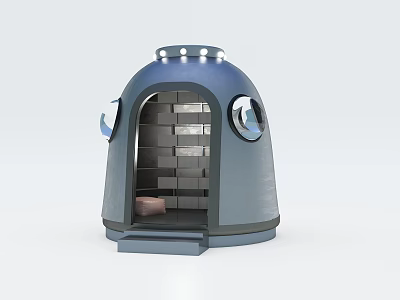 Dome Shaped Gray Structure With Top Lights Round Windows And Interior Shelves Seating 3d model