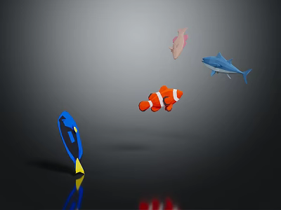 Colorful Marine Animals Including Clownfish Shark And Blue Tang In Dark Scene 3d model