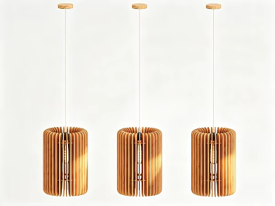 Three Unique Wooden Pendant Lights with Cylindrical Striped Design on White 3d model