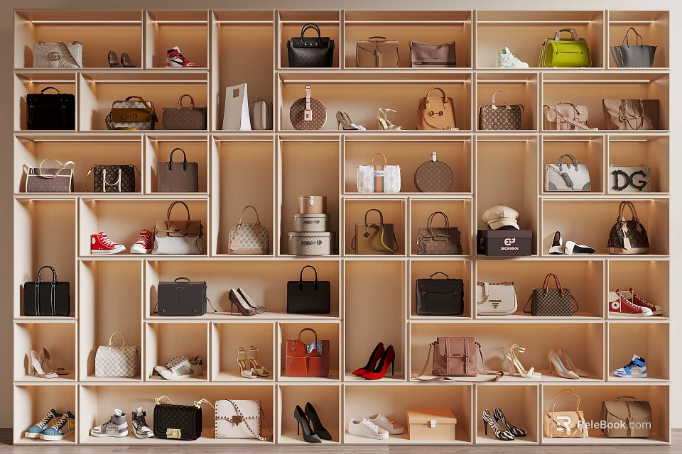 Various Styles And Colors Of Bags Neatly Arranged On Wooden Display Shelves 3d model 