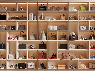 Various Styles And Colors Of Bags Neatly Arranged On Wooden Display Shelves 3d model