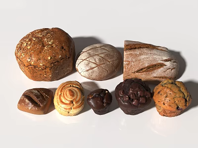 Assorted Breads And Pastries On White Background 3d model