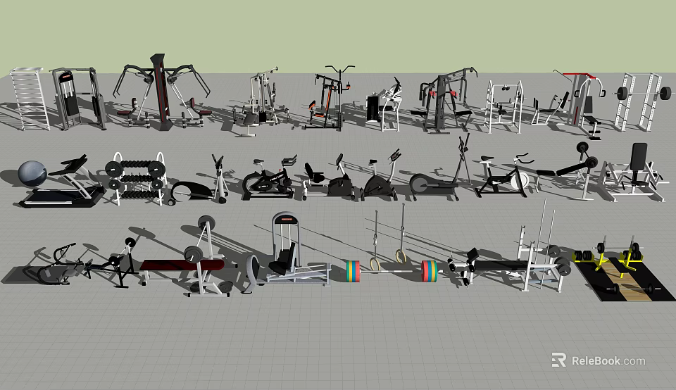 Various Sports Equipment Types Such As Treadmills Dumbbells And Weight Training Machines 3d model 