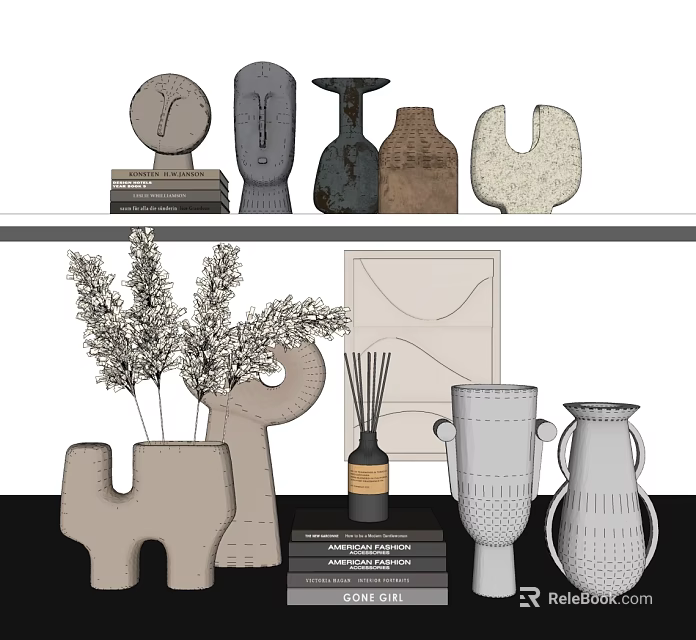 Stylish Decorative Ornament Set with Vases Sculptures Dried Plants and Artwork for Home Interior 3d model 