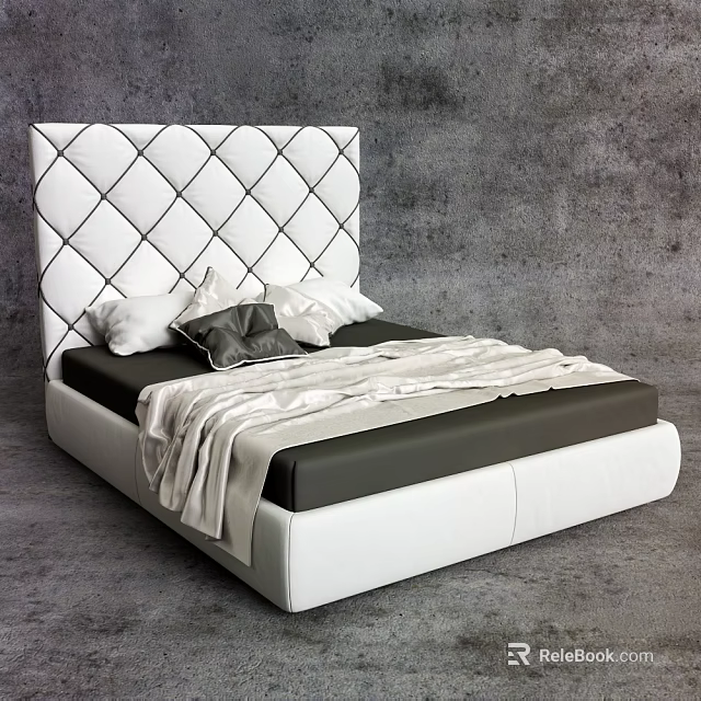 Modern Double Bed With Tufted White Headboard Plush Pillows And Light Blanket 3d model 