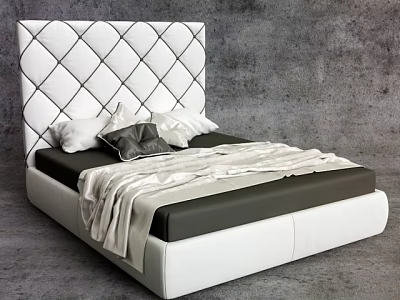 Modern Double Bed With Tufted White Headboard Plush Pillows And Light Blanket 3d model