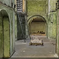Abandoned Stone Chamber Featuring Green Mossy Walls Archways Ladder And Stone Coffin