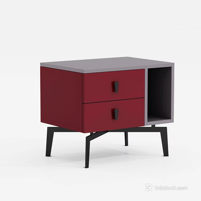 Modern Bedside Table With Red Drawers Gray Top Black Legs And Open Storage Compartment 3d model