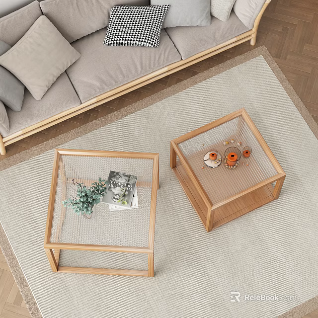 Modern Living Room Interior With Wooden Frame Coffee Tables Decorated Green Plant Magazine Cups Ornaments 3d model 