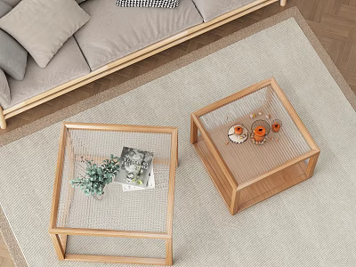 Modern Living Room Interior With Wooden Frame Coffee Tables Decorated Green Plant Magazine Cups Ornaments 3d model
