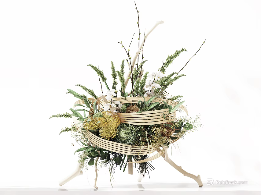 Creative Floral Arrangement With Woven Structure And Natural Plant Elements On Decorative Stand 3d model 