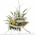 Creative Floral Arrangement With Woven Structure And Natural Plant Elements On Decorative Stand