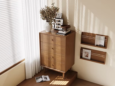 Warm Wooden Decorative Cabinet With Vase Photo Frames Books Wall Shelves Holding Magazines In Sunlight 3d model