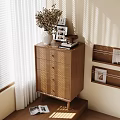 Warm Wooden Decorative Cabinet With Vase Photo Frames Books Wall Shelves Holding Magazines In Sunlight