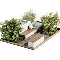 Modern Road Facilities With Wooden Benches Lush Plants And Water Elements